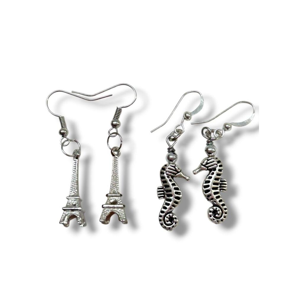 2 Pair Pierced Fishhook Earrings 1.75" Drop Eiffel Tower Seahorse